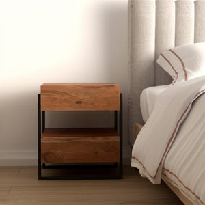 28 Inch Rustic Live Edge Solid Wood Nightstand with Two Drawers Iron Accents