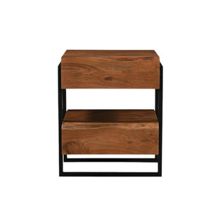 HomeRoots 28 Inch Rustic Live Edge Solid Wood Nightstand with Two Drawers Iron Accents 571533