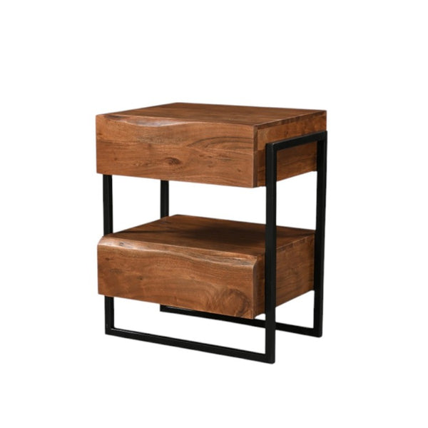 28 Inch Rustic Live Edge Solid Wood Nightstand with Two Drawers Iron Accents