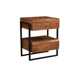 28 Inch Rustic Live Edge Solid Wood Nightstand with Two Drawers Iron Accents