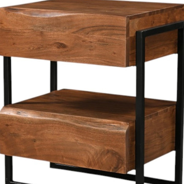 28 Inch Rustic Live Edge Solid Wood Nightstand with Two Drawers Iron Accents
