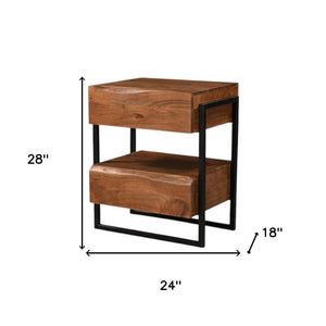 28 Inch Rustic Live Edge Solid Wood Nightstand with Two Drawers Iron Accents
