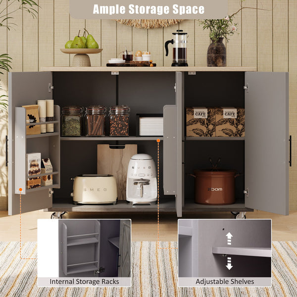 English Elm K&K Farmhouse Kitchen Island with Geometric Twill Doors, ASH Bark Top, Drop Leaf & Lockable Wheels Brown N707P221444Z