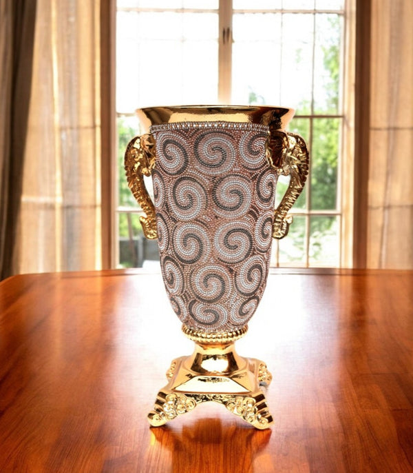 Homeroots 15" Gold Geometric Amphora Ceramic Table Vase With Faux Crystal Embellishments  Ceramic 571537