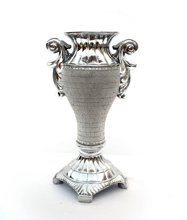 Homeroots 15" Silver Geometric Amphora Ceramic Table Vase With Faux Crystal Embellishments  Ceramic 571539