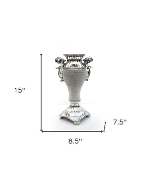 Homeroots 15" Silver Geometric Amphora Ceramic Table Vase With Faux Crystal Embellishments  Ceramic 571539