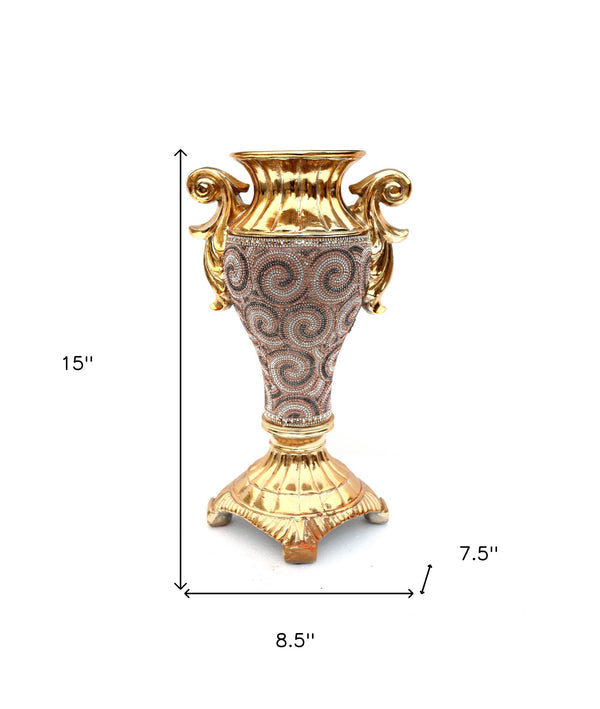 Homeroots 15" Gold Geometric Amphora Ceramic Table Vase With Faux Crystal Embellishments  Ceramic 571540