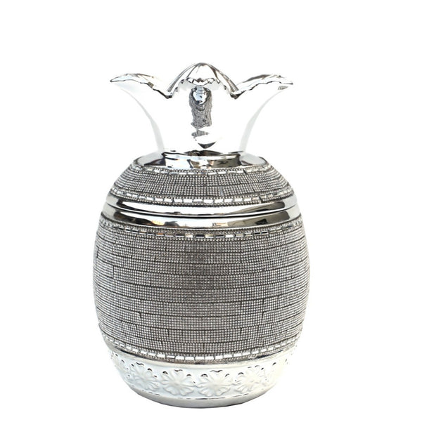 Homeroots 11" Silver Striped Ceramic Pineapple Bowl With Crystals - Elegant Centerpiece For Modern Decor   571541