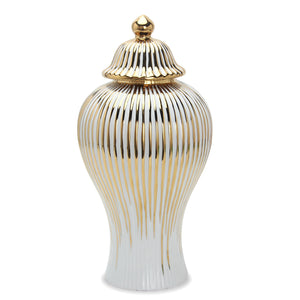 Homeroots 17" White And Gold Striped Urn Ceramic Ginger Jar  Ceramic 571561