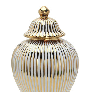 Homeroots 17" White And Gold Striped Urn Ceramic Ginger Jar  Ceramic 571561