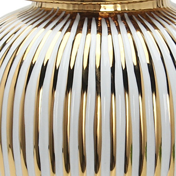Homeroots 17" White And Gold Striped Urn Ceramic Ginger Jar  Ceramic 571561