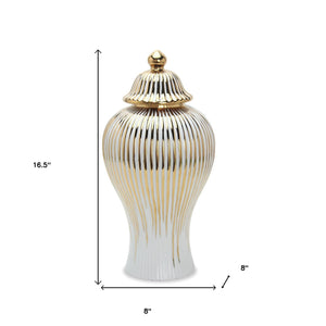 Homeroots 17" White And Gold Striped Urn Ceramic Ginger Jar  Ceramic 571561