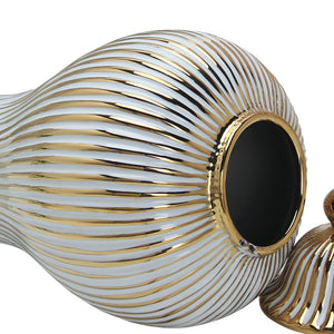 Homeroots 12" White And Gold Striped Urn Ceramic Ginger Jar  Ceramic 571562