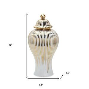 Homeroots 12" White And Gold Striped Urn Ceramic Ginger Jar  Ceramic 571562