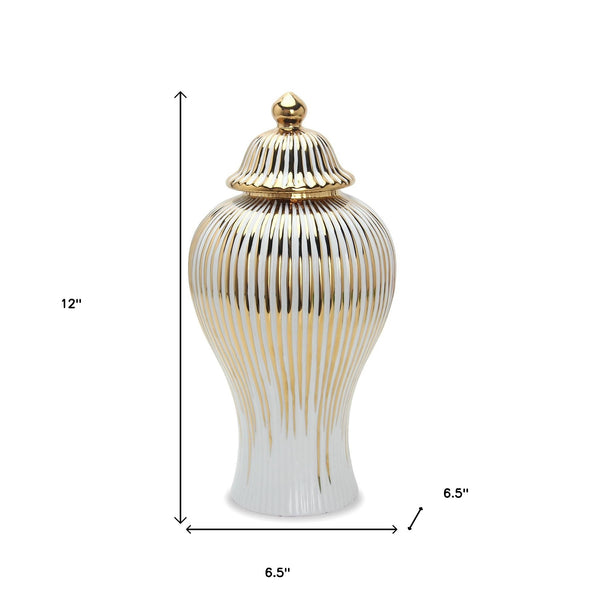 Homeroots 12" White And Gold Striped Urn Ceramic Ginger Jar  Ceramic 571562