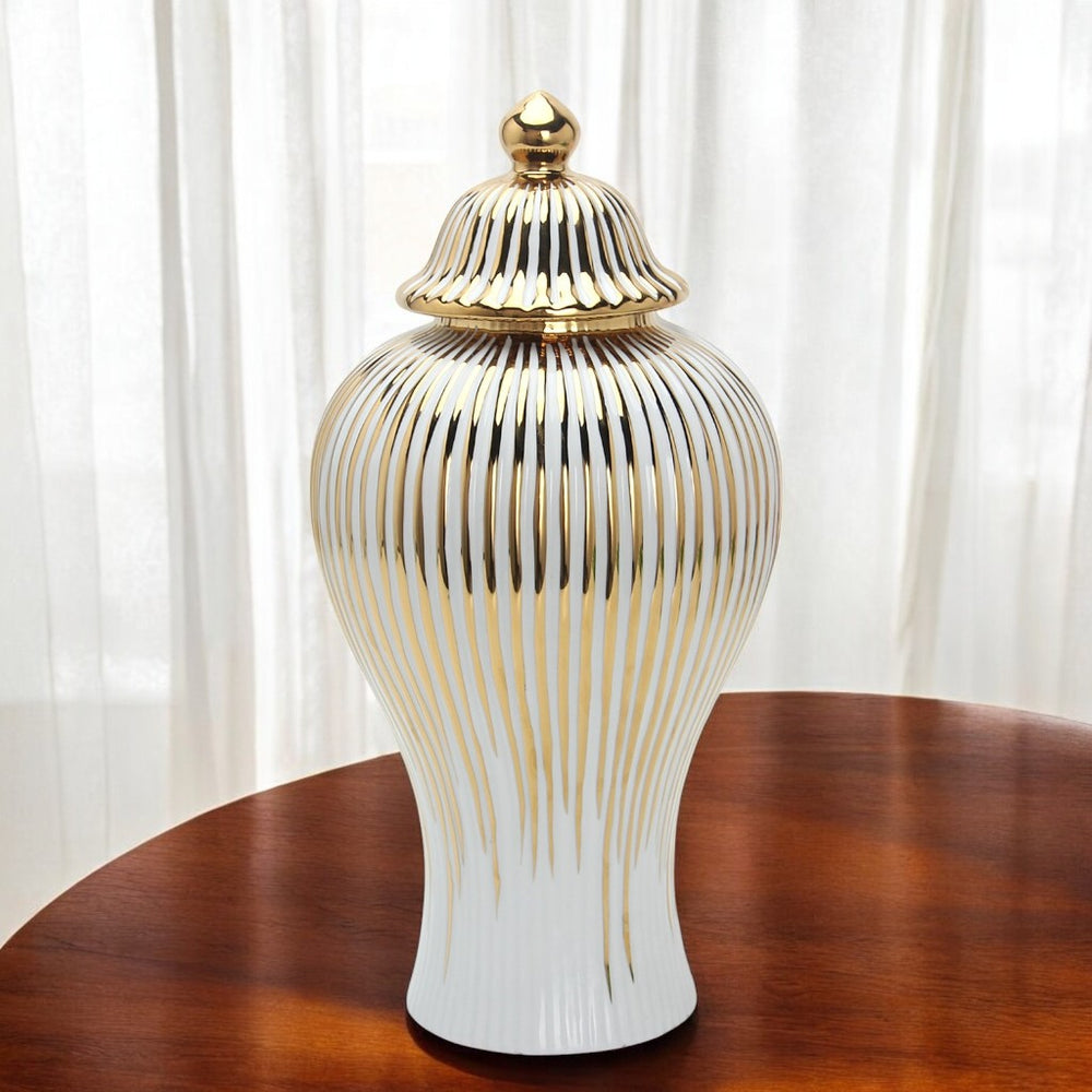 Homeroots 12" White And Gold Striped Urn Ceramic Ginger Jar  Ceramic 571562