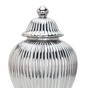 Homeroots 17" White And Silver Striped Urn Ceramic Ginger Jar  Ceramic 571563