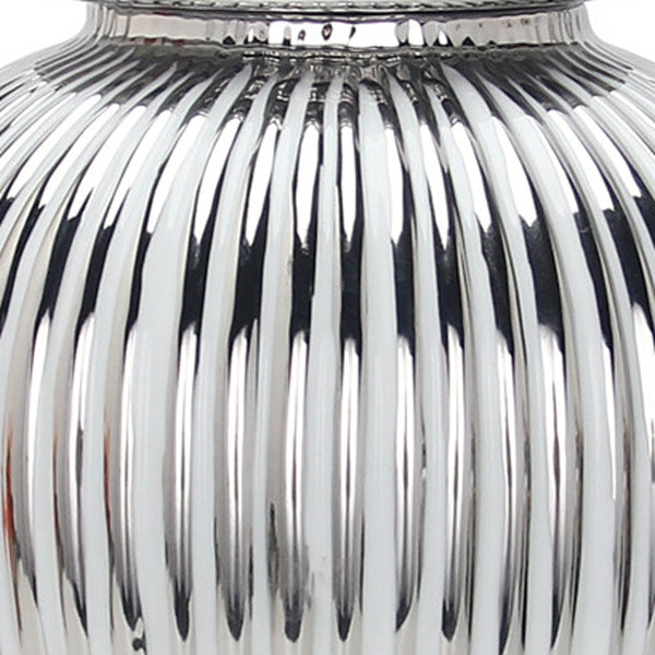 Homeroots 17" White And Silver Striped Urn Ceramic Ginger Jar  Ceramic 571563