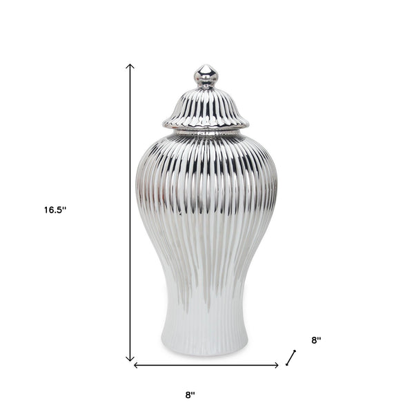 Homeroots 17" White And Silver Striped Urn Ceramic Ginger Jar  Ceramic 571563