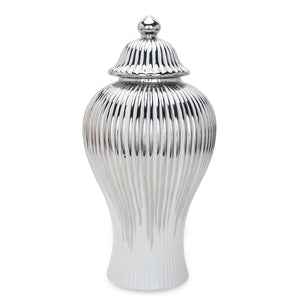 Homeroots 12" White And Silver Striped Urn Ceramic Ginger Jar  Ceramic 571564