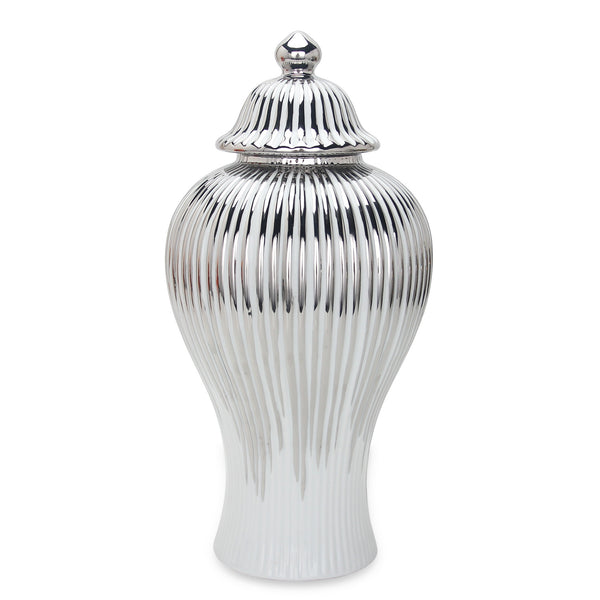 Homeroots 12" White And Silver Striped Urn Ceramic Ginger Jar  Ceramic 571564