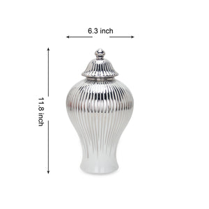 Homeroots 12" White And Silver Striped Urn Ceramic Ginger Jar  Ceramic 571564
