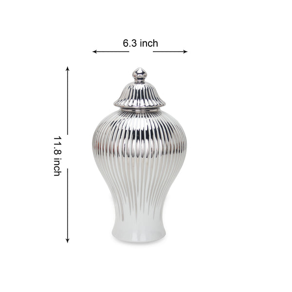 Homeroots 12" White And Silver Striped Urn Ceramic Ginger Jar  Ceramic 571564