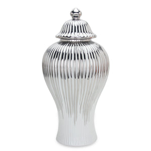Homeroots 12" White And Silver Striped Urn Ceramic Ginger Jar  Ceramic 571564