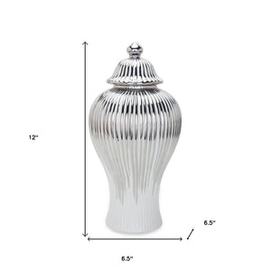 Homeroots 12" White And Silver Striped Urn Ceramic Ginger Jar  Ceramic 571564