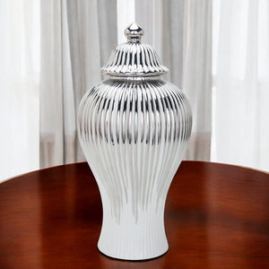 Homeroots 12" White And Silver Striped Urn Ceramic Ginger Jar  Ceramic 571564
