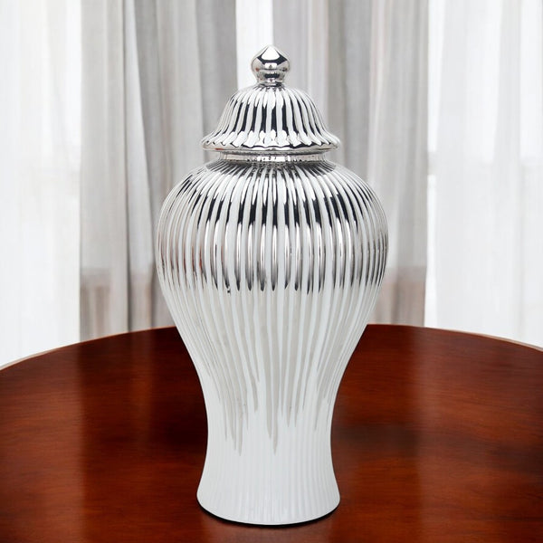 Homeroots 12" White And Silver Striped Urn Ceramic Ginger Jar  Ceramic 571564