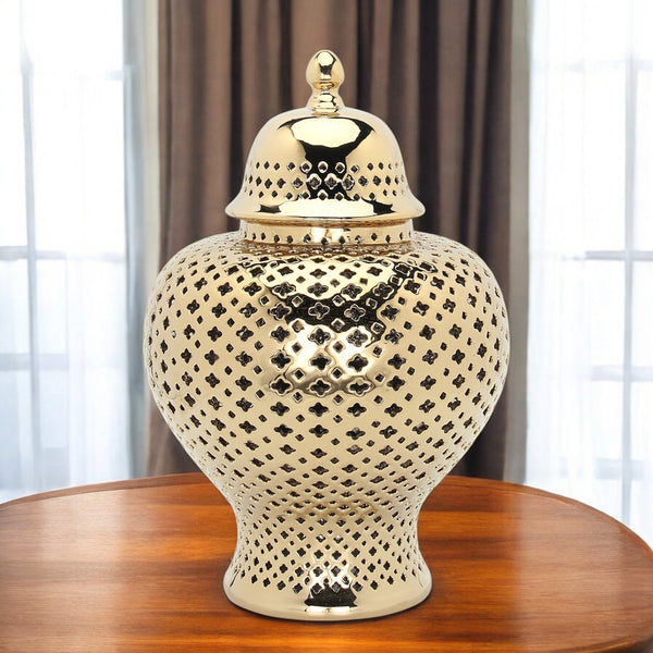 Homeroots 19" Gold Pierced Urn Ceramic Ginger Jar  Ceramic 571565