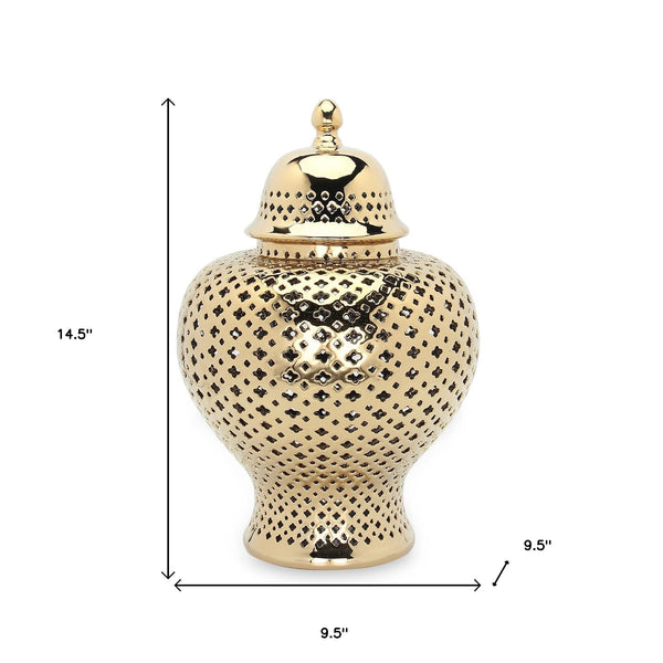 Homeroots 15" Gold Pierced Ceramic Round Ginger Jar  Ceramic 571566