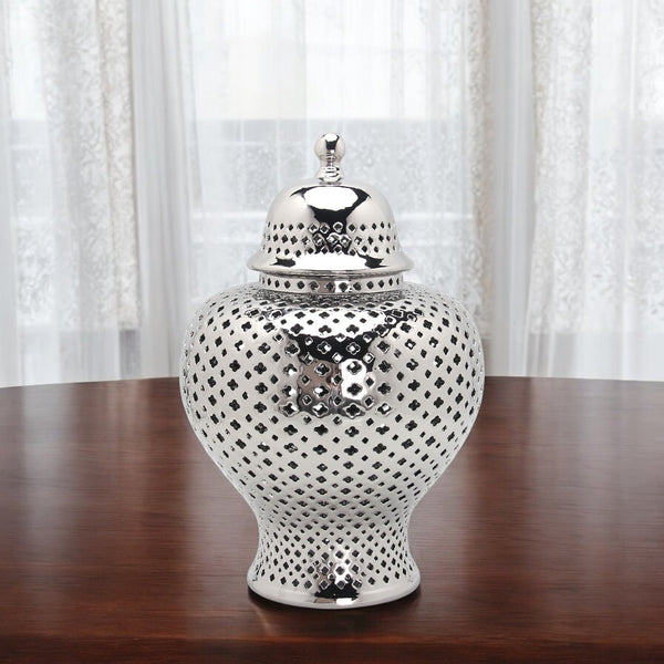 Homeroots 11" Silver Pierced Ceramic Round Ginger Jar - Elegant Home Accent For Chic Décor & Versatile Use  Ceramic 571570