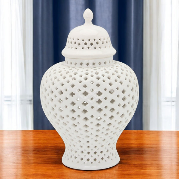 Homeroots 19" White Pierced Urn Ceramic Ginger Jar  Ceramic 571571