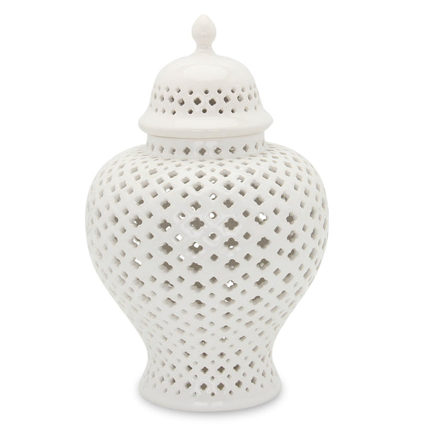 Homeroots 15" White Pierced Urn Ceramic Ginger Jar  Ceramic 571572