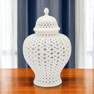 Homeroots 15" White Pierced Urn Ceramic Ginger Jar  Ceramic 571572