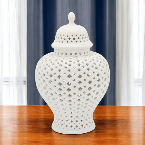 Homeroots 15" White Pierced Urn Ceramic Ginger Jar  Ceramic 571572