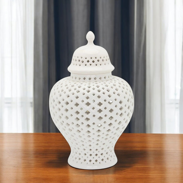 Homeroots 11" Elegant White Pierced Ceramic Round Ginger Jar - Timeless Decor Accent For Any Space  Ceramic 571573