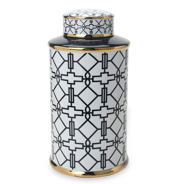Homeroots 17" White Black And Gold Geometric Cylinder Ceramic Ginger Jar  Ceramic 571574