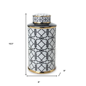 Homeroots 17" White Black And Gold Geometric Cylinder Ceramic Ginger Jar  Ceramic 571574