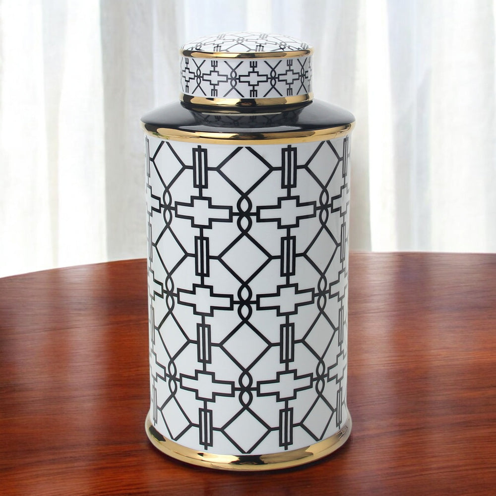 Homeroots 17" White Black And Gold Geometric Cylinder Ceramic Ginger Jar  Ceramic 571574