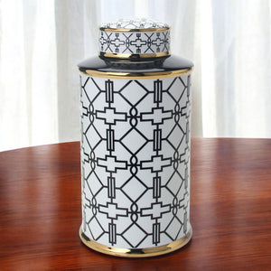 Homeroots 17" White Black And Gold Geometric Cylinder Ceramic Ginger Jar  Ceramic 571574