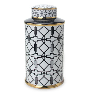 Homeroots 12" White And Black Geometric Cylinder Ceramic Ginger Jar  Ceramic 571575