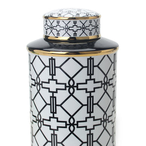Homeroots 12" White And Black Geometric Cylinder Ceramic Ginger Jar  Ceramic 571575