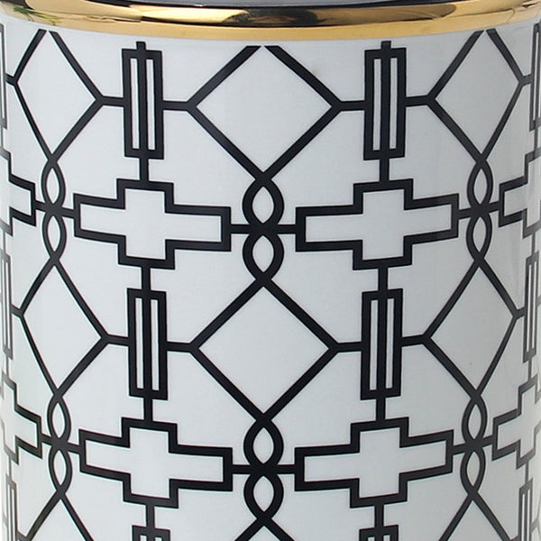 Homeroots 12" White And Black Geometric Cylinder Ceramic Ginger Jar  Ceramic 571575
