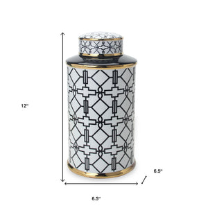 Homeroots 12" White And Black Geometric Cylinder Ceramic Ginger Jar  Ceramic 571575