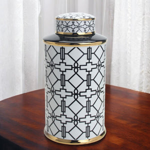 Homeroots 12" White And Black Geometric Cylinder Ceramic Ginger Jar  Ceramic 571575