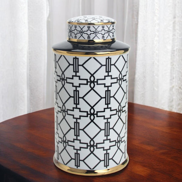 Homeroots 12" White And Black Geometric Cylinder Ceramic Ginger Jar  Ceramic 571575
