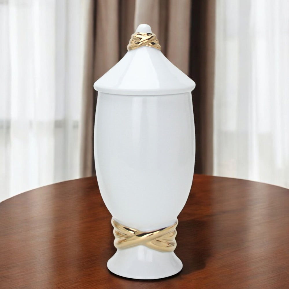 Homeroots 13" Elegant White And Gold Abstract Ceramic Ginger Jar - Chic Decorative Accent For Any Space  Ceramic 571576